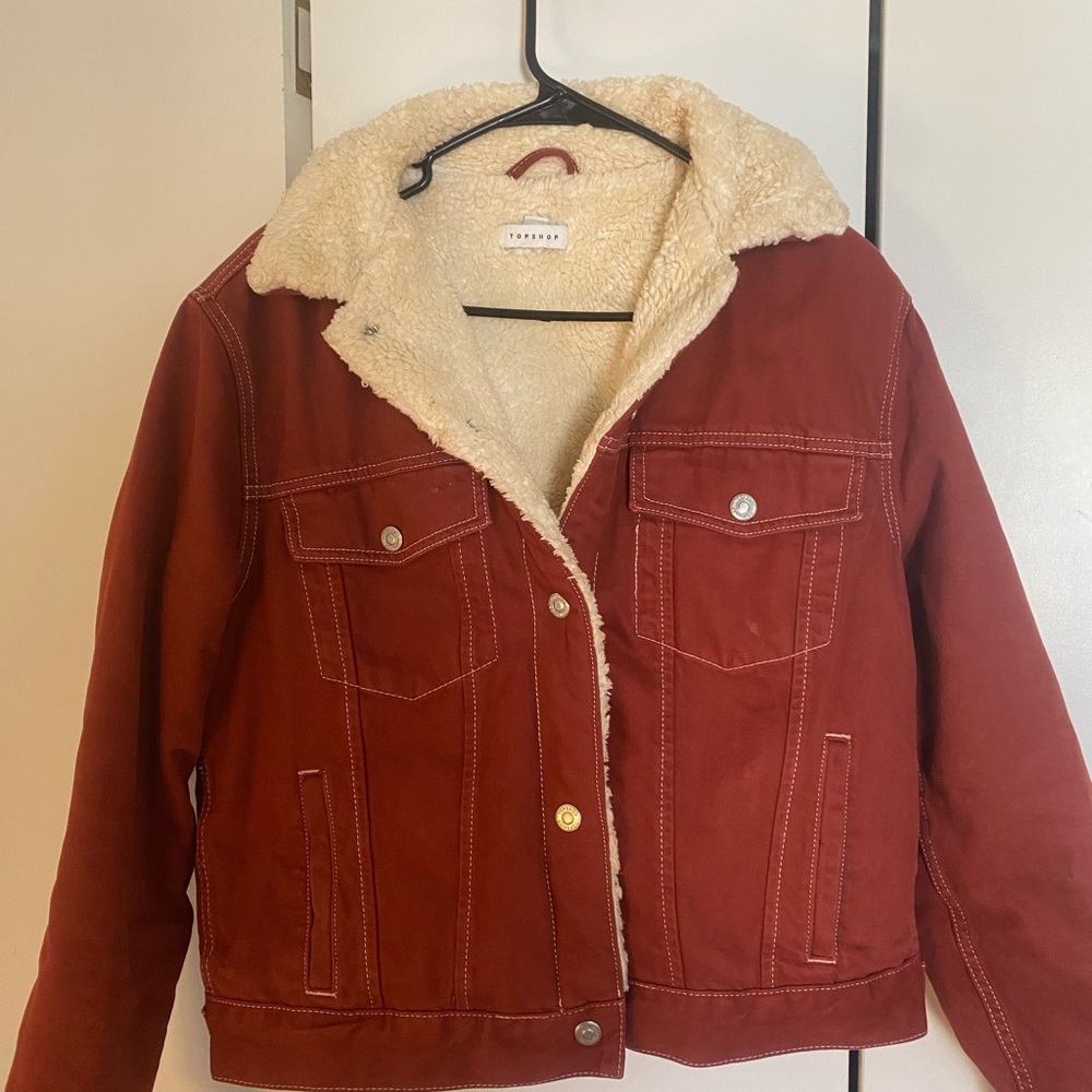Topshop Red Teddy Jacket Sherpa-Lined Cozy